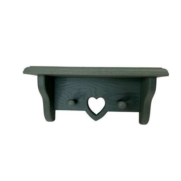 Handcrafted Wooden Wall Shelf With Heart Design & Pegs Sage Green - Picture 1 of 7